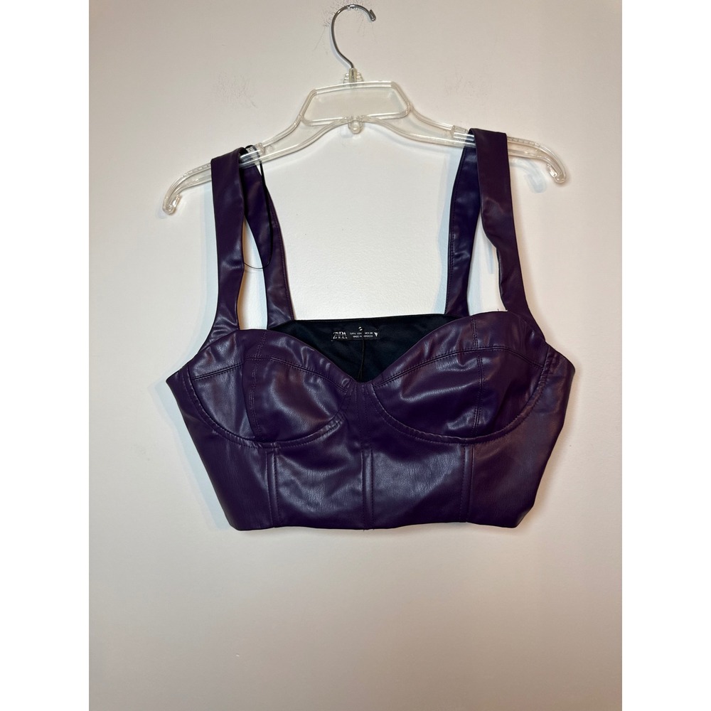 Zara Bustier Top Womens Large Purple Faux Leather Cropped Sweetheart Neck Baddie